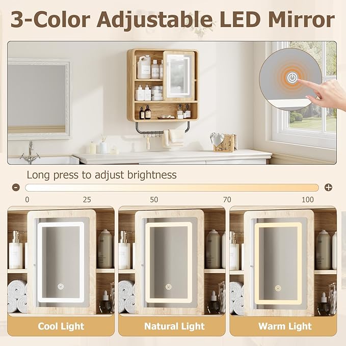 QUW Modern Bathroom Wall Cabinet, Medicine Cabinets with Mirror, Over The Toilet Storage Cabinet for Bathroom, Towel Bar, Sliding Door, 3 Lighting Modes, Adjustable Brightness, Natural Oak