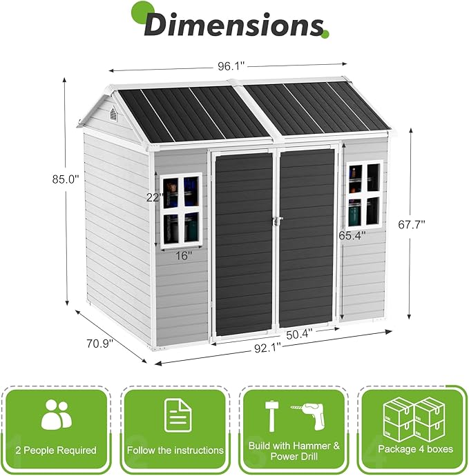 WACASA 8x6 FT Resin Plastic Shed with Floor, Heavy-Duty 21-Gauge Reinforced Steel Frame, 16mm Ultra-Thick Panels, Outdoor Storage Sheds with Windows and Air Vents