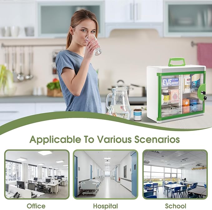 Glosen Medicine Cabinet Locking Medicine Cabinet Wall Mounted【 Green 13.6 x 13.4 x 6.5 Inch 】 Portable Storage Container Big Capacity