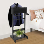 Valet Stand with Drawer and Top Tray, Wood Mens Suit Valet Stand with Wood Base, Freestanding Clothes Valet Stand with Hanger, Storage Organizer for Entryway Office Living Room (E, Black)
