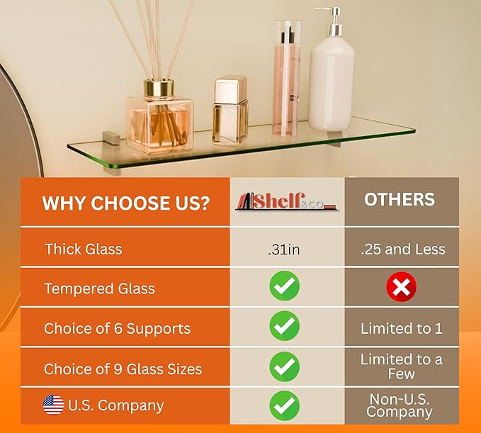 Glass Shelves - Tempered Safety Glass Shelves for Bathroom, Choose Over 20 Shelf Brackets and Multiple Shelf Sizes - Jam Style - 23.6 x 4.7 in - Stainless Clip
