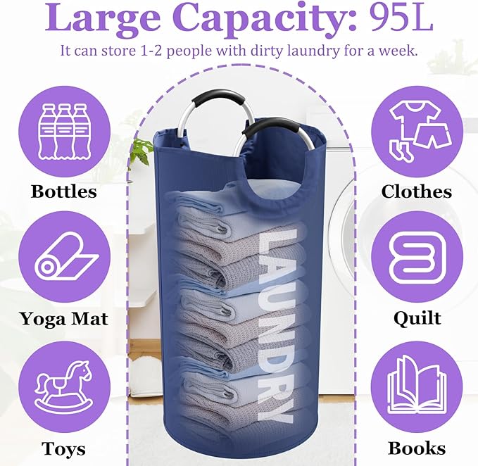95L Collapsible Laundry Baskets for Boy, Big Clothes Hampers with Handles, Stand-alone Laundry Bin, Portable Dirty Clothes Basket for Bathroom, Camping, Navy Blue