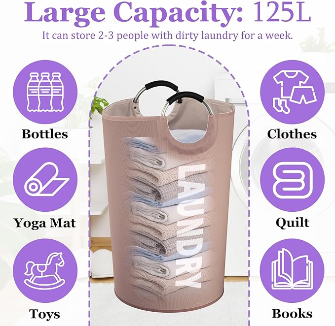 125L Extra Large Laundry Basket with Handles, Folding Dirty Clothes Hamper, Independent Laundry Hamper in 600D Oxford Fabric, Rugged Storage Basket for Family, Dorm, Khaki