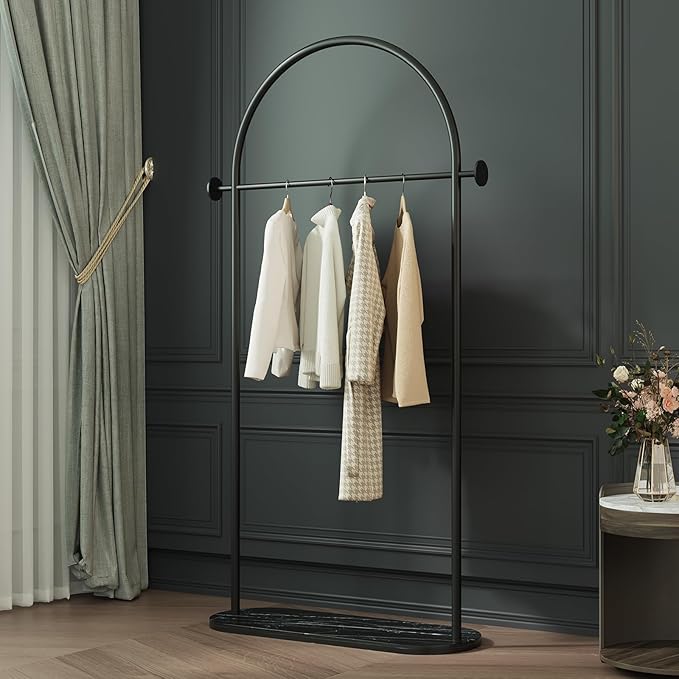 Black Arched Garment Rack with Marble Base, Freestanding Metal Clothing Rack for Bedroom,Entryway or Boutique, Modern Heavy Duty Coat Rack
