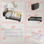 2-Tier Dish Drying Rack for Kitchen Counter, 304 Stainless Steel with Adjustable Drainboard, Removable Utensil Holder & Water Filter Tray, Black