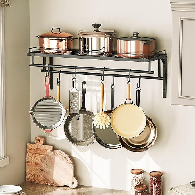 Hanging Pot Rack, Wall-Mounted Pot Rack, Kitchen Cookware Organizer, Metal Pot and pan Organizer Holder, for Cookware, Utensils Organization, Black TPR38BB