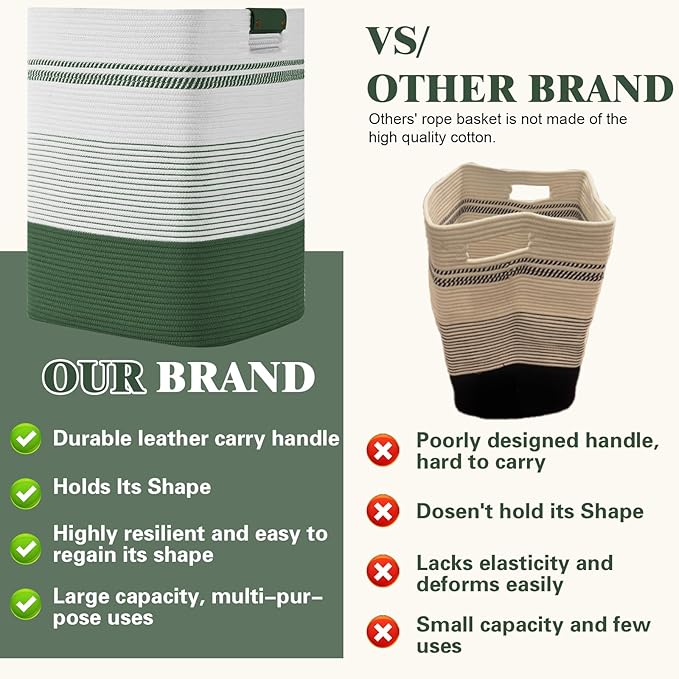 Laundry Hamper, 95L Tall Laundry Basket with Leather Handles, Rectangle Large Clothes Hamper for Organizing, Cotton Woven Laundry Baskets Storage Hampers for Bedroom, Nursery, Living Room