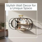 Metal And Wood Wall Shelf – Storage Shelf With Mirror And Open Shelves, Entryway Or Bathroom Wall Home Decor, Industrial Wall Organizer For Keys, Mail, And Display – 23" x 5" x 10", Brown Black