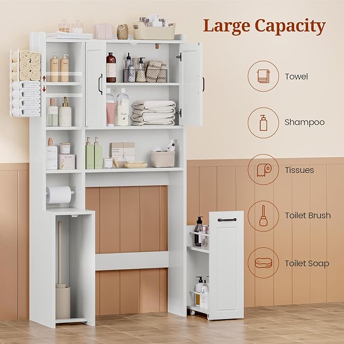 Over The Toilet Storage Cabinet with Pulley Small Bathroom Storage, Space Saver W/Adjustable Shelf & Rack for Bathroom, Restroom, Laundry (White-Type B)
