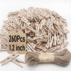 Mini Clothes Pins, 260 PCS Small Wooden Clothes Pin with Jute Twine, Clothespins, Clothes Pins for Photos Crafts DIY Project