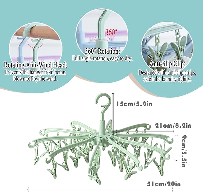 Foldable Drying Rack with 40 Clips for Drying Socks Lingerie Baby Clothes Drying Towels Rotatable Sock Drying Rack (Green)