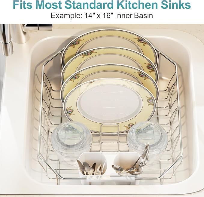 GSlife Small in Sink Dish Drying Rack - Stainless Steel Compact Dish Drainer for RV Kitchen Apartment Sink, Rust Resistant Inside Sink Rack, 1–2 Person Households, 13.1" W x 14.4" L, Silver
