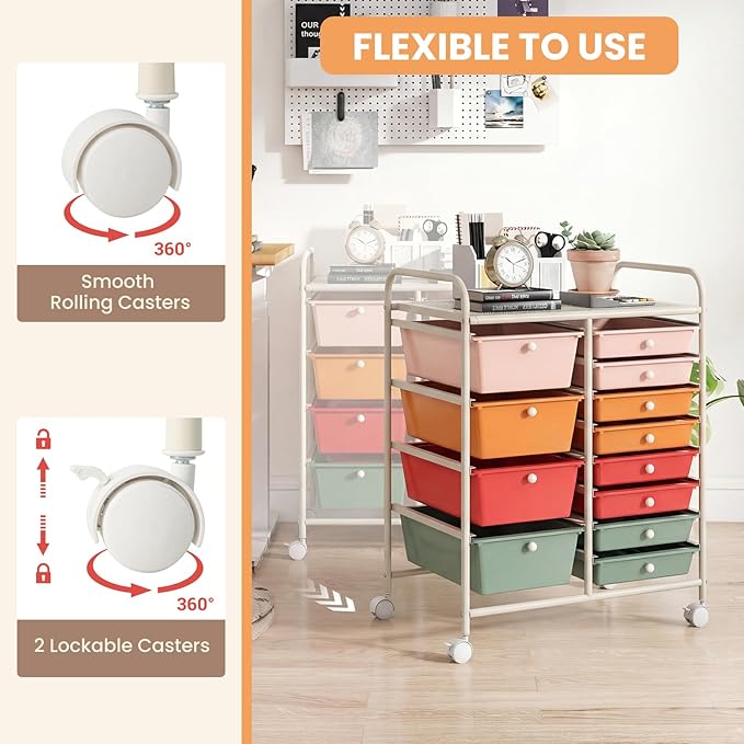 GOFLAME 12-Drawer Rolling Storage Cart, Craft Storage Cart with Removable Drawers & Lockable Wheels, Art Cart Supply Storage Organizer with Metal Frame for Home Office Classroom, Macaron Color