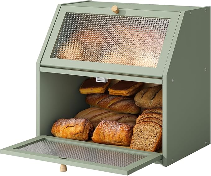 Bread Box for Kitchen Countertop Bin Double Layer Bread Box Storage Container Extra Large Capacity Farmhouse with Diamond Pattern Windows (Green, Extra Large)
