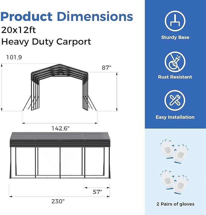 Carport Canopy 12’X20’ Heavy Duty Car Port Galvanized Steel Roof, Reinforced Stable Triangle Frame for Snowy Windy Metal Carports Enhanced Base Car Tent for Car,RV,Pickup,Boat,Truck,Tractor