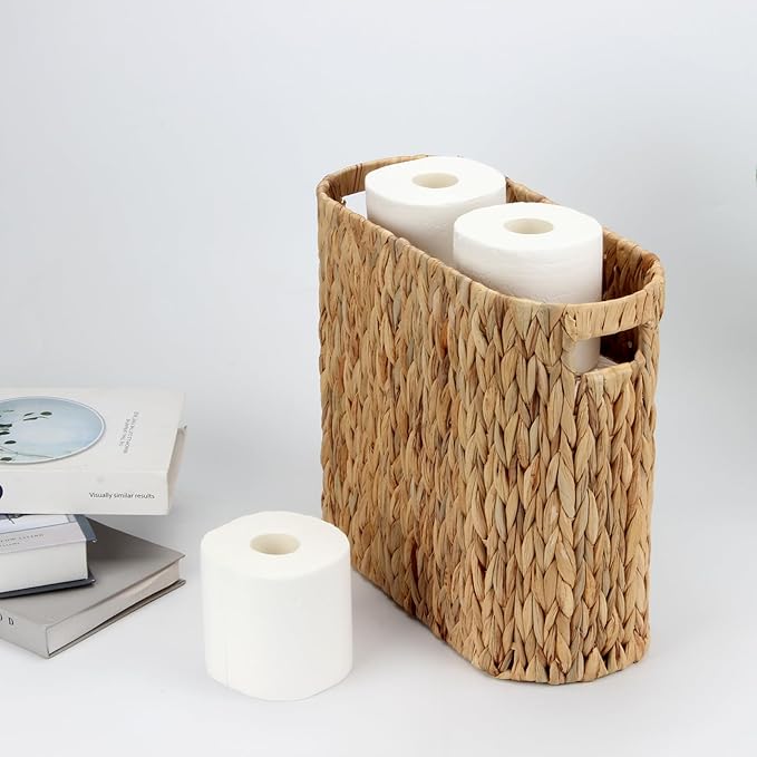 Wicker Toilet Paper Holder Stand Basket, 9 Rolls Toilet Paper Storage Basket Bathroom Organizer with Handles, Water Hyacinth Toilet Paper Organizer for Bathroom Storage