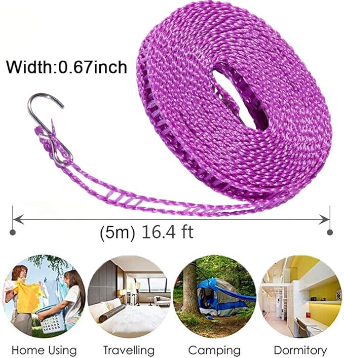 2 Pack Clotheslines 1.64ft Length Camping 5m Clothesline White Purple Drying Rope Portable Windproof Travel for Indoor Outdoor Laundry
