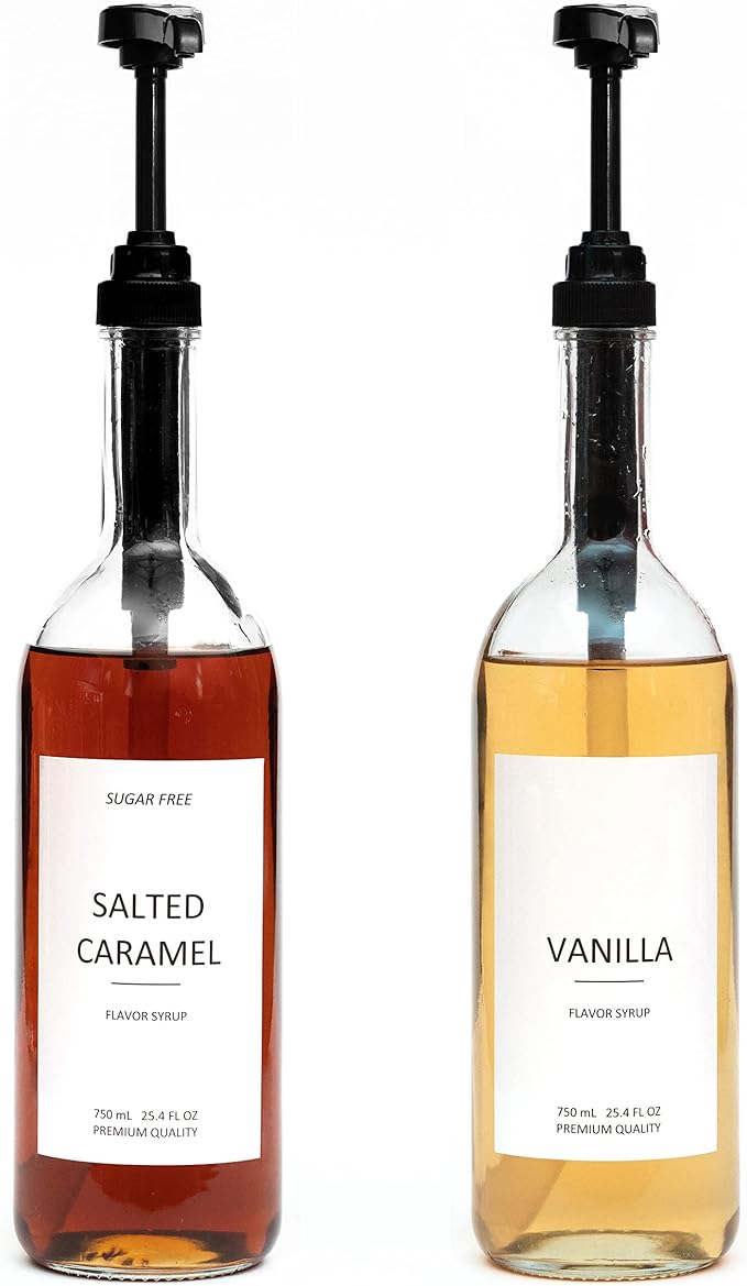 Demi's Home 25.4 oz 750 ml Glass Coffee Syrup Dispenser for Coffee Bar - 2 Pack - Comprehensive Label Set & ¼ oz Pumps Included