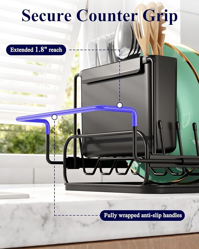 Kitsure Dish Drying Rack - Expandable Dish Rack for Kitchen Counter, Over Sink Or in Sink, Space-Saving Plates Dryer with Cutlery Holder & Drip Tray, 14.0"-20.9" L x 6.3" W x 8.0" H, Black