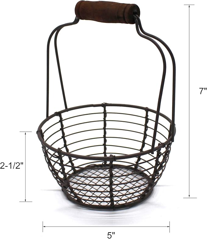 CVHOMEDECO. Metal Wire Mini Egg Baskets Rust Gathering Baskets with Wooden Handle Country Vintage Style Storage Baskets. Set of 2