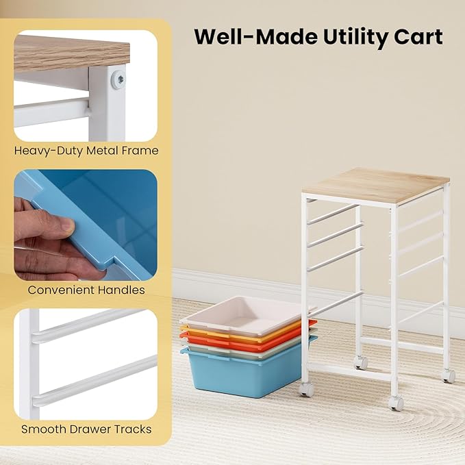 GOFLAME 5-Drawer Rolling Storage Cart, Craft Storage Cart with Wooden Tabletop and Lockable Wheels, Art Cart Supply Storage Organizer with Metal Frame for Home Office Classroom, Macaron Color
