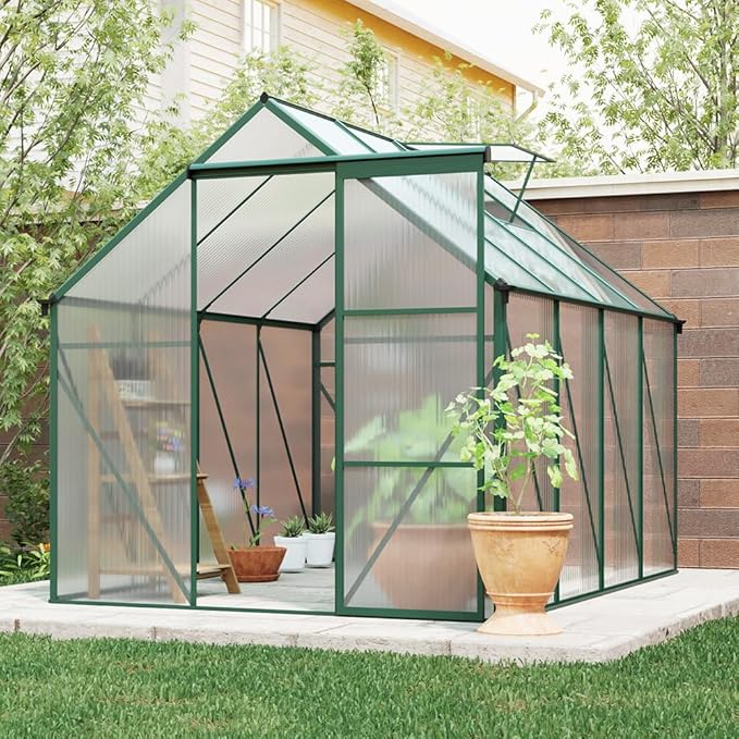 Polycarbonate Greenhouse with Rain Gutter and Roof Vent, Raised Base and Anchor Aluminum Heavy Duty Walk-in Green House, Outdoor Patio Sunroom with Sliding Door (Green, 98.43*74.8*76.77in)
