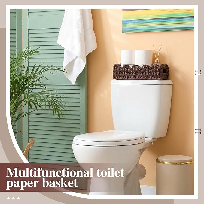 3Pack Toilet Paper Basket for Organizing Scalloped Edge Wicker Basket with Handles Toilet Tank Paper Holder Storage for Bathroom Bedroom Countertop Shelf Decor(Brown,Plastic)