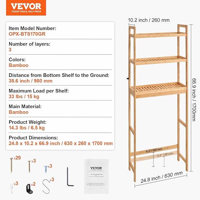 VEVOR Over The Toilet Storage, 3-Tier Adjustable Over Toilet Bathroom Organizer, Bamboo Storage Shelf Rack with 3 Hooks, Freestanding Easy Assembly Laundry Space Saver, Fit Most Toilets, Gray