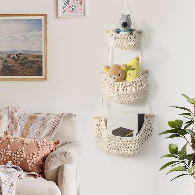 Hanging Fruit Basket,3 Tier Over the Door Organizer, Handmade Woven Cotton Rope Wall Hanging Baskets for Organizing, Boho Wall Basket Decor, Storage Baskets for Kitchen