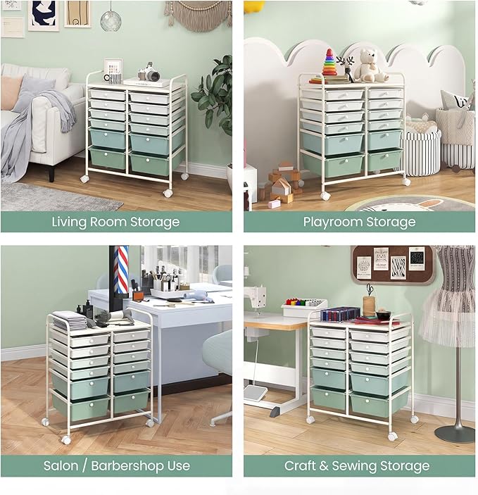 Giantex 12 Drawers Rolling Storage Cart, Classroom Organizers with Wheels for Tools Scrapbook Craft Paper Teacher Office School Supplies, Green Gradient