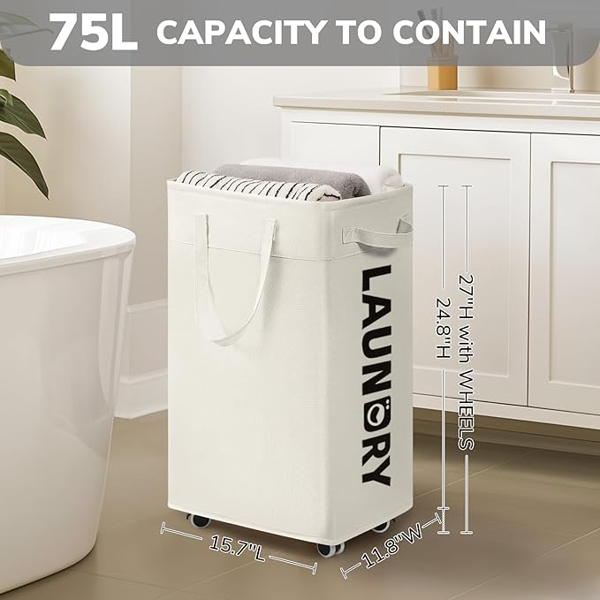 CHICVITA 2-Pack Laundry Baskets with Wheels and Handle,75L Collapsible Clothes Basket with Removable Wash Bags for Dorms and Corners, White Rolling Laundry Hamper