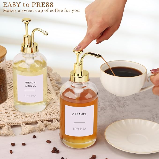 Coffee Bar Accessories, Coffee Syrup Dispenser-2 Pcs16.9 oz, Syrup Pump Dispenser for Coffee Bar, with Glass Bamboo Lid Jar with Spoon, Gold Pump Syrup Dispenser with Labels