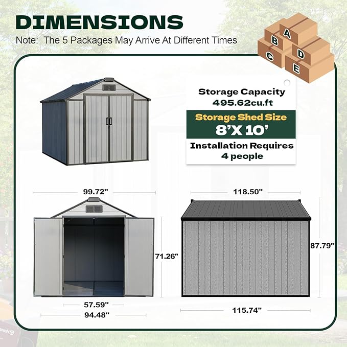 8 x 10 FT Plastic Outdoor Storage Shed with Floor, Resin Storage Tool Shed with Windows and Lockable Door, Outdoor Garden Shed for Lawnmower, Bike, Pool Supply