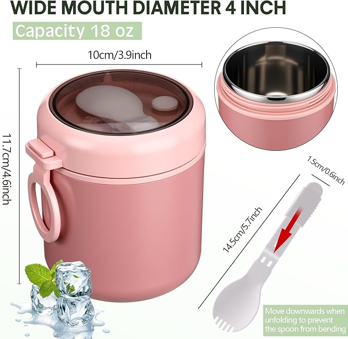 6 Pack Insulated Food Jars with Spoon Stainless Steel thermal cup 18 Oz Vacuum Soup thermal cup for Hot and Cold Food Wide Mouth Lunch Meal Carrier Container for School Office Picnic