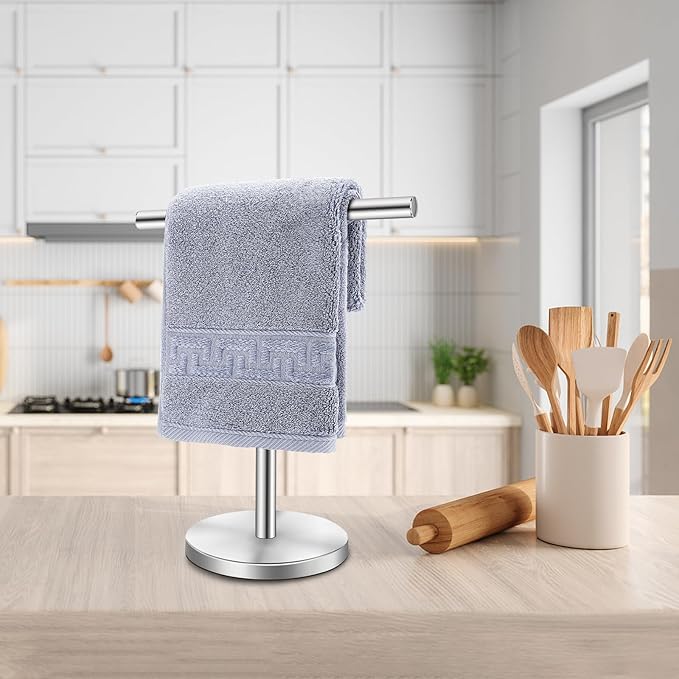 T-Shape Bath Hand Towel Holder Stand, Stainless Steel Free Standing Hand Towel Rack, for Bathroom Kitchen & Countertop, Silver
