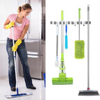 Broom Holder Wall Mount, Broom Organizer Wall Mount Stainless Steel Broom and Mop Hanger Heavy Duty Storage Organization for Home Kitchen Garden Garage Room 5 Racks 4 Hooks (1Pack)(Grey Racks)