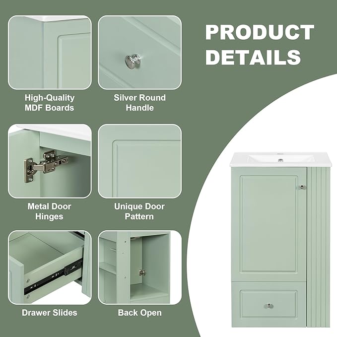 20 in Small Bathroom Vanity with Sink,Drawer,Doors and Side Storage & Toilet Paper Holder, Solid Wood & MDF Modern Single Bathroom Sink Cabinet with Drawers,Freestanding (Green,20 in)