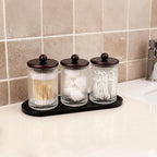 SheeChung 3-Pack Rustic Bronze Glass Apothecary Jars with Bamboo Tray - Ribbed Bathroom Organizer Set for Q-Tips, Cotton Balls, Pads & Floss Picks - Vintage Farmhouse Vanity Decor Canisters