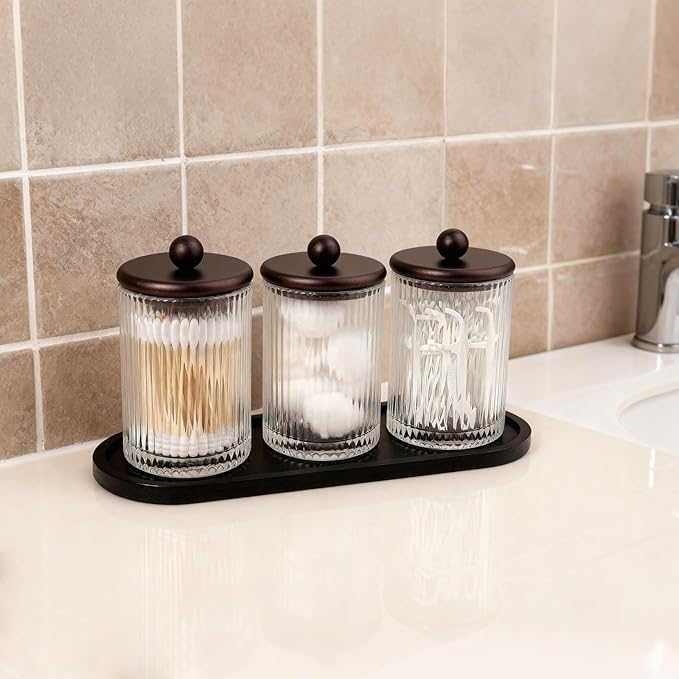 SheeChung 3-Pack Rustic Bronze Glass Apothecary Jars with Bamboo Tray - Ribbed Bathroom Organizer Set for Q-Tips, Cotton Balls, Pads & Floss Picks - Vintage Farmhouse Vanity Decor Canisters