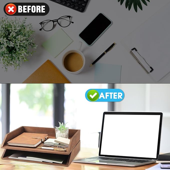 2 Pcs Wooden Letter Tray Wood Letter-Size Desk Organizer Heavy Duty 2 Tier Stackable Support Paper Tray Desktop Drawer File Folder Magazine Office Accessories Back to School(Dark Wood)