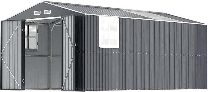 WACASA 10x16 FT Metal Shed with Base Frame Floor Kit | Heavy-Duty Military-Grade 20-Gauge Reinforced Frame with Powder Coating | 50 PSF Snow Load & 120 MPH Wind Rated | Skylight Tiny House Building