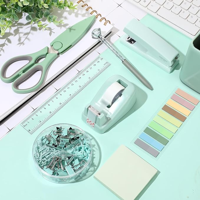 Marspark 12 Pcs Sage Green Office Supplies Desk Accessories Set Pen Holder Tape Dispenser Stapler Staple Remover Staples Tape Ruler Scissor Pen Sticky Note Index Tab Clips Set for Office School Home