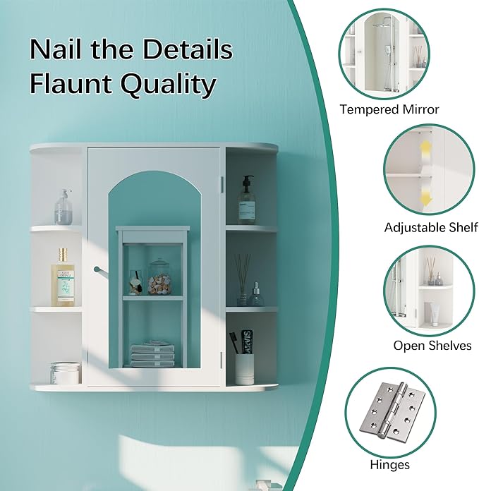 Bathroom Wall Cabinet, Medicine Cabinet with Mirror and Adjustable Shelves,White Wall Mounted Cabinet Over The Toile,3-Tier Wood Hanging Storage for Bathroom,Kitchen,Living,Laundry Room
