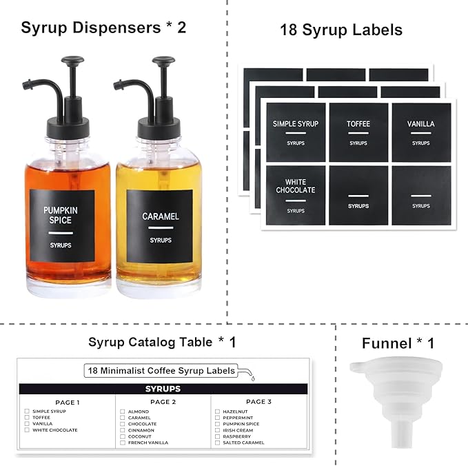 Coffee Syrup Dispenser for Coffee Bar, Set of 2 Simple Glass Syrup Bottle w. Pump and Labels, 16.9 oz 500ml Syrup Pump Dispenser, Syrup Dispenser Black