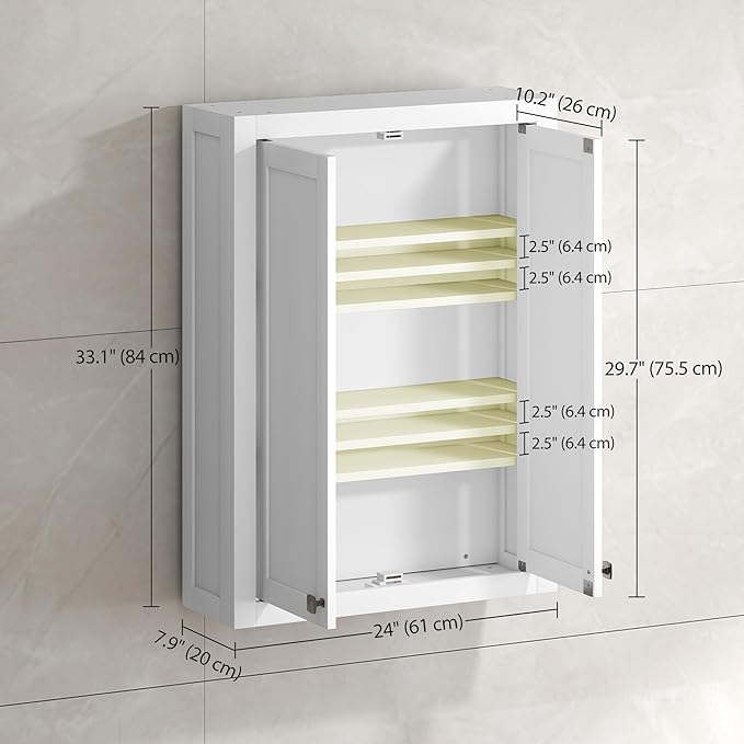 HOMCOM Bathroom Wall Cabinet, Modern Medicine Cabinet Wall Mounted, Over The Toilet Space Saver with 2 Doors and 2 Adjustable Shelves, White