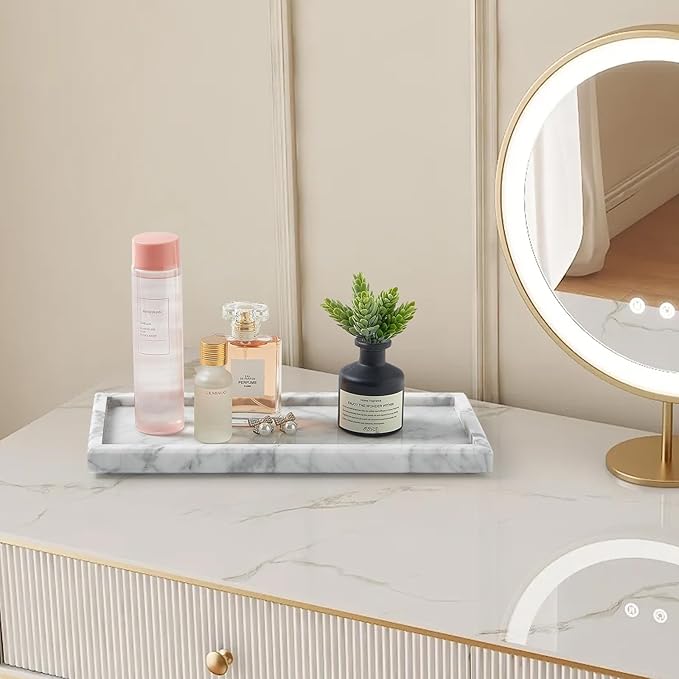 Natural Small Marble Vanity Tray, Luxury Stone Organizer for Bathroom & Kitchen | Holds Soap Dispenser, Jewelry, Perfume | Non-Resin, Non-Ceramic Décor (White, M (11.8" x 5.1" x 0.78"))