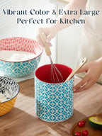 DOWAN Colorful Large Utensil Holder, 7.2" x 6.2" Ceramic Kitchen Utensil Holder for Countertop, Vibrant Patterned Utensil Crock with Protection Cork Mat, Utensil Caddy for Housewarming & Wedding Gift