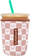Reusable Neoprene Insulator Sleeve for Iced Coffee & Cold Soda, Coffee Sleeves for Iced & Hot Drinks, Cold Beverage Cooler Compatible with Starbucks, Dunkin (MochCheckerboad&Bow, Small: 16-18oz)