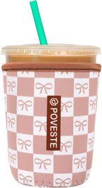 Reusable Neoprene Insulator Sleeve for Iced Coffee & Cold Soda, Coffee Sleeves for Iced & Hot Drinks, Cold Beverage Cooler Compatible with Starbucks, Dunkin (MochCheckerboad&Bow, Small: 16-18oz)