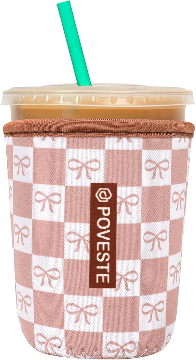Reusable Neoprene Insulator Sleeve for Iced Coffee & Cold Soda, Coffee Sleeves for Iced & Hot Drinks, Cold Beverage Cooler Compatible with Starbucks, Dunkin (MochCheckerboad&Bow, Small: 16-18oz)